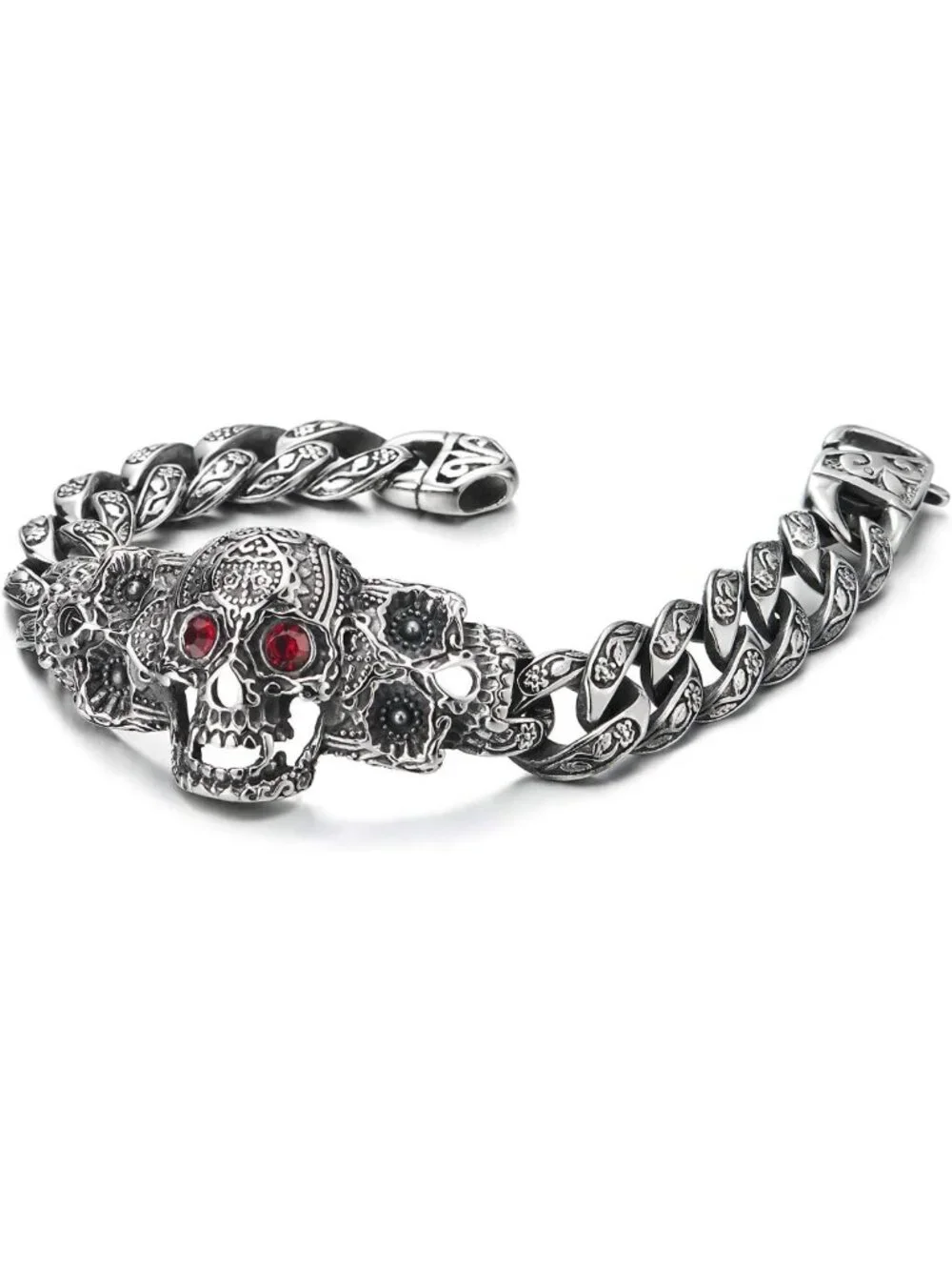 Men's Vintage Sugar Skull Charm Bracelet - Steel Curb Chain with CZ Eyes